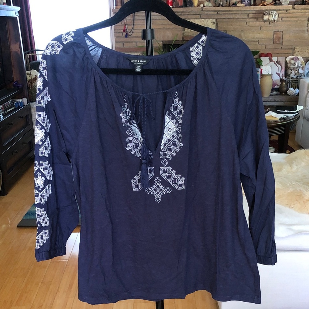 Lucky Brand Navy Blue Embroidered Peasant Tunic